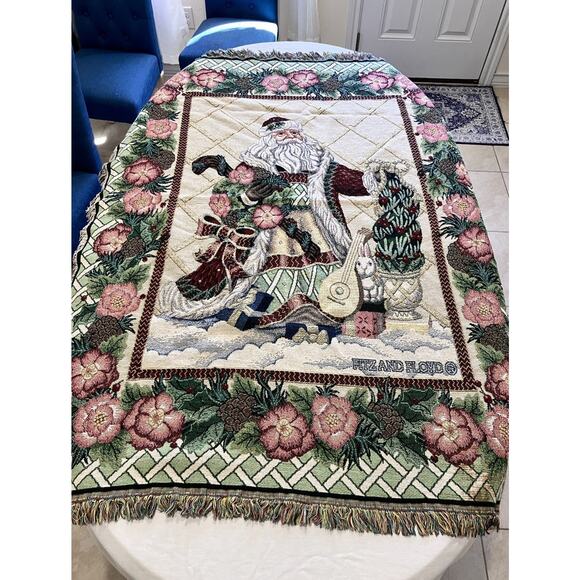 VTG Fitz And Floyd Santa Throw Woven Cotton Fringed Reverse Weave 67” x 52” - Picture 1 of 16